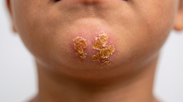 Close up of honey-colored crusts and sores on a child's chin, contagious impetigo bacterial skin infection.