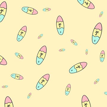 Colorful cartoon surfboards with palm tree designs are scattered across a pale yellow background in a repeating pattern.