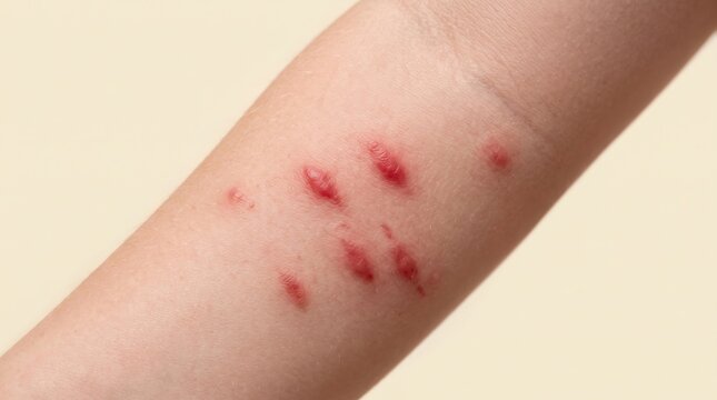 Macro close up of grouped red itchy welts and blister bites in a row on an arm, bed bug or flea bites concept.