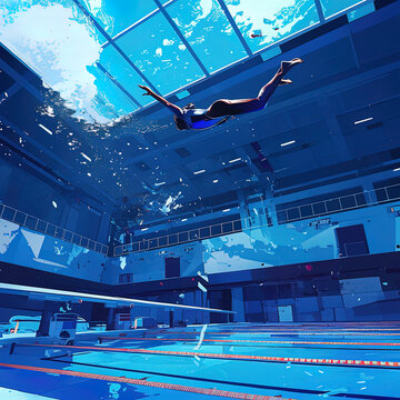 Adult competitive diver suspended mid-air above a diving board in a generic indoor aquatic center, dramatic splash and athletic action.