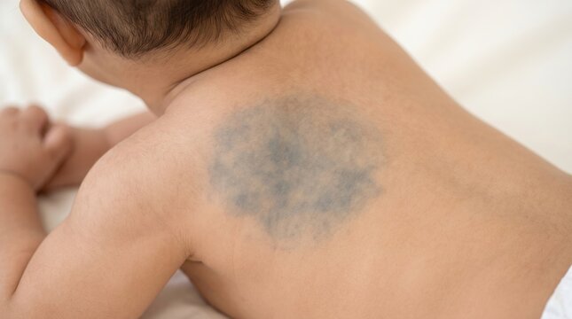 Congenital dermal melanocytosis or Mongolian blue spot birthmark on the lower back of a newborn baby.