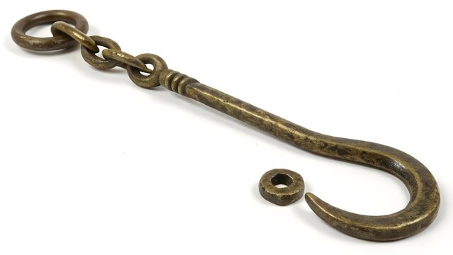 Vintage metal cabin hook with a linked chain and matching eyelet plate arranged on white background.
