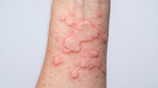 Severe allergic reaction with itchy red hives and raised welts on a human arm, urticaria skin rash condition close up