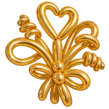  gold balloon sculpture shaped into a decorative flower with heart and spiral elements.