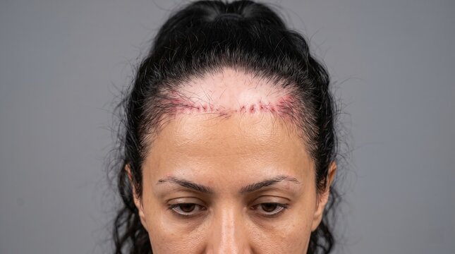 Healing scabs and redness on female hairline after hair transplant surgery