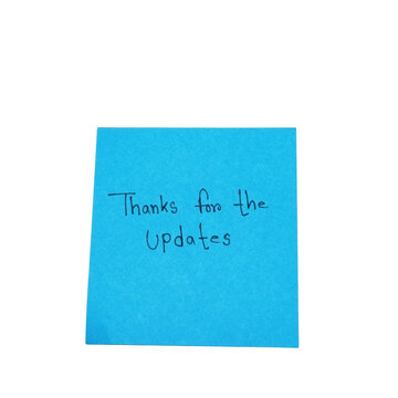 Blue sticky note with handwritten thanks for the updates isolated on a transparent background