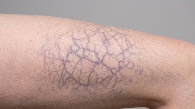 Severe blue spider veins and telangiectasia network on human skin, chronic venous insufficiency dermatological condition.