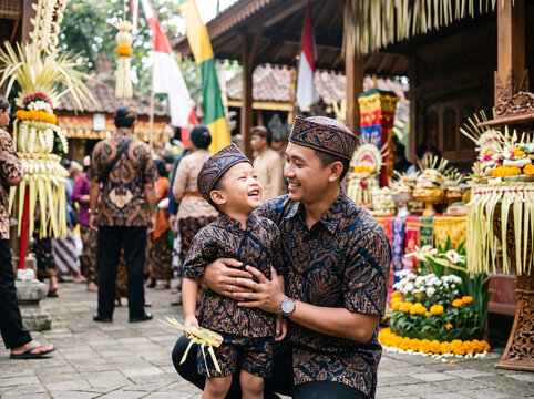 Realistic Lifestyle Photography Displaying Javanese Father and Little Boy Smiling Together at Traditional Wedding Ceremony in Brown and Tan for Family Heritage Banners