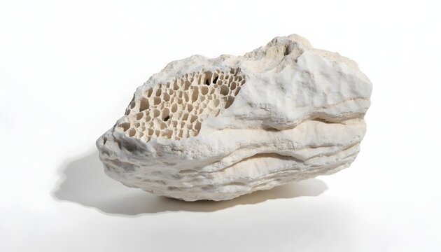 Tufa limestone formation featuring a complex honeycomb cellular structure is presented against a bright white background.