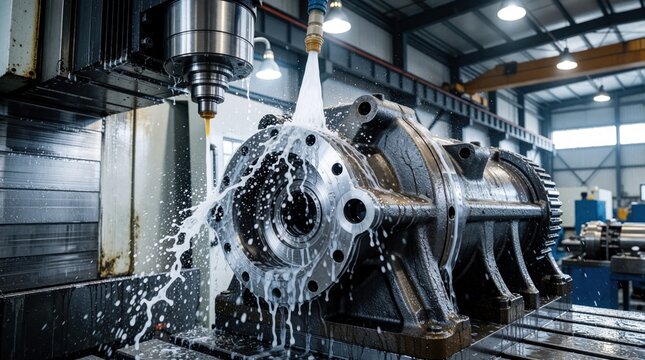 Metal gear pump part gets precision CNC machined with coolant spray. Heavy part rotates on milling machine, creating fine metal shavings. Industrial factory workshop scene with machinery.