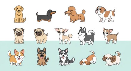 Obraz premium Collection of cartoon dog breeds on a white and green background