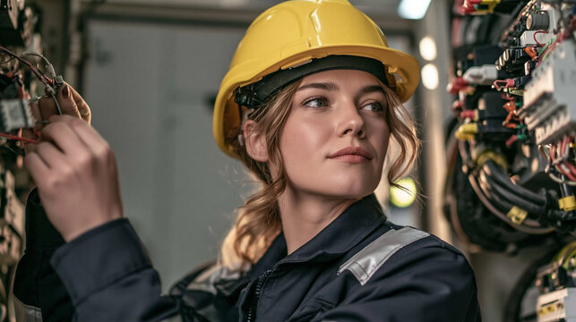 Young Woman Electrician Working on Electrical Panel