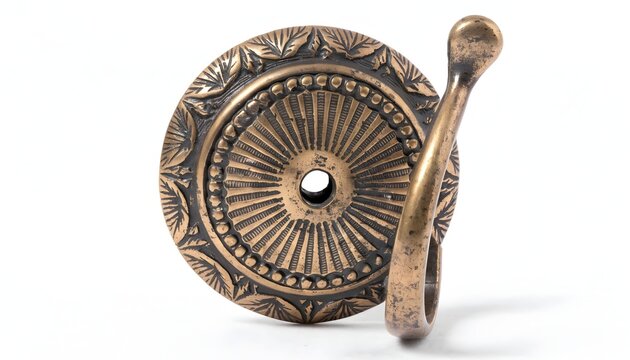 Brass hook with a round decorative backplate featuring intricate engraved floral patterns isolated against a white background.