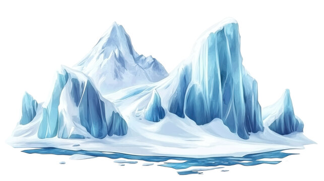 Icy glacier landscape illustration, blue icebergs and snowy peaks, polar nature scene