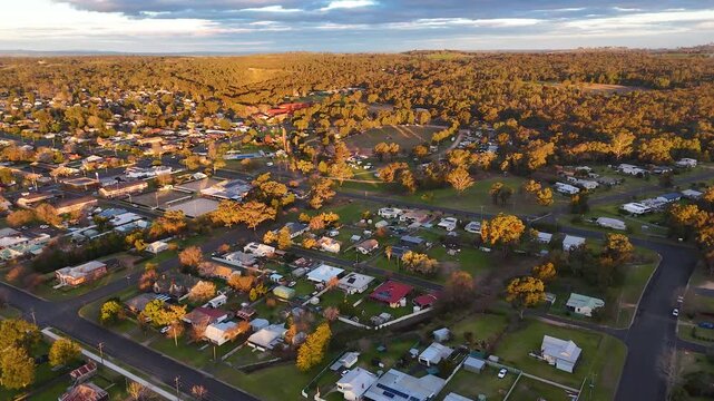 Aerial View of Rural Residential Town During Golden Hour