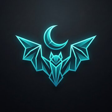 Glowing neon geometric bat silhouette with a crescent moon above on a dark background