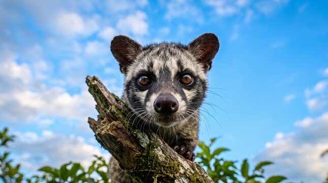 A curious Asian palm civet with striking eyes looks directly at the camera from a tree branch against a bright blue sky.