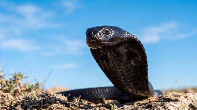 A striking black cobra with its hood spread, poised and alert on dry ground under a clear blue sky.