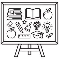 Fototapeta premium Educational icons collection on a school whiteboard display with study materials graduation cap academic sup