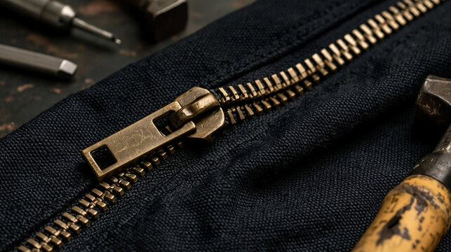 Zipper Detail with Tools: Close-up of a brass zipper on dark fabric, with various metal tools arranged in the background, suggesting repair or craftsmanship.