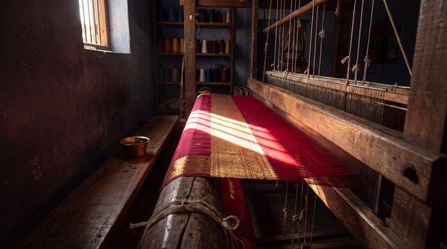 Traditional Wooden Handloom Weaving a Red Silk Saree with Gold Zari Border in a Sunlit Workshop