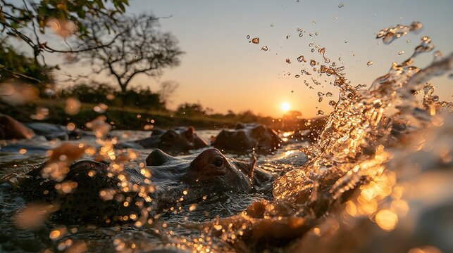Sunset light on hippos wallowing in muddy pond, splashes, vast African savanna, wide angle