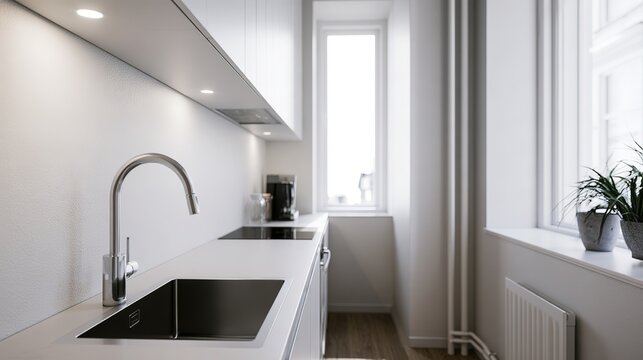 Compact kitchen interior, efficient layout, clean countertops, minimal appliances, soft overhead light