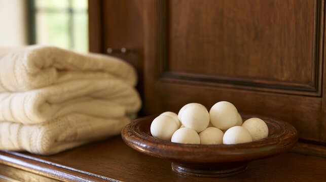 White camphor balls on wardrobe shelf beside sweaters, textured wood, soft daylight