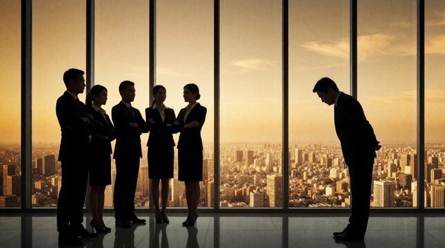Business team apologizes to manager in modern skyscraper office during sunset. Silhouettes of employees bow to leader showing respect, trust. Corporate group performs apology ritual for