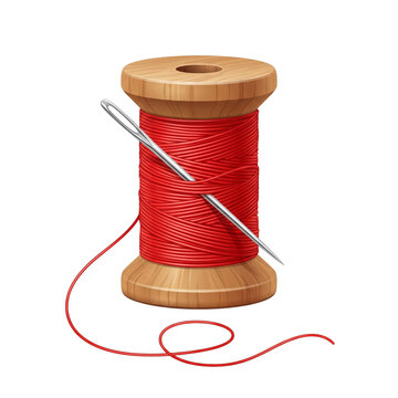 Wooden spool with vibrant red thread and a sharp sewing needle isolated on transparent background