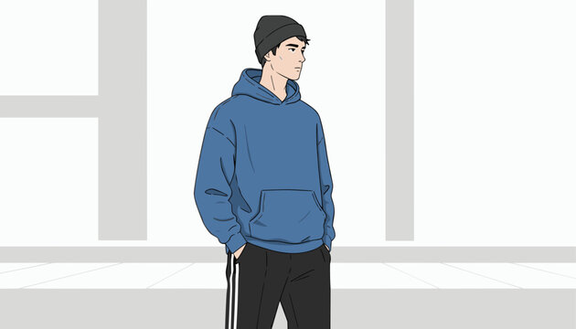 Fashionable young man wearing a blue oversized hoodie and black beanie standing in a minimalist modern street setting.