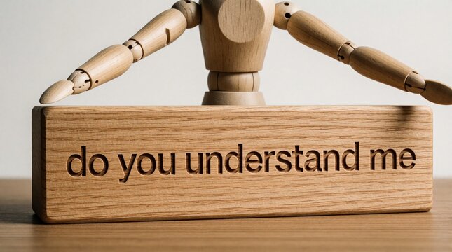 Wooden mannequin stands behind large timber block with engraved text understand. Concept of communication, language barrier, learning english. Metaphor for education, teaching, listening, mental