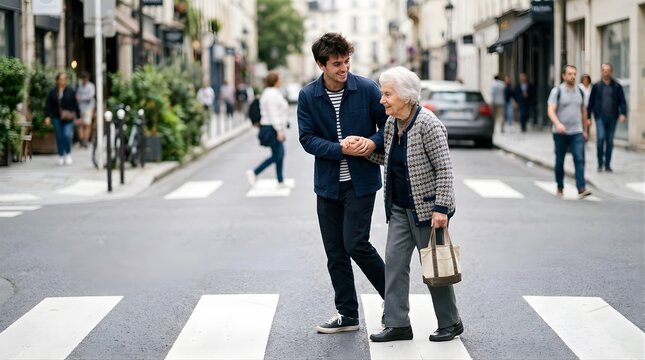 Young man helping elderly woman cross busy city street walking together