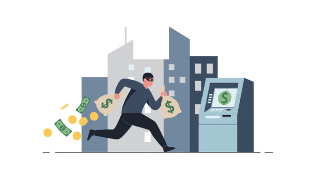 Robber in a black mask running away with money bags after robbing an outdoor ATM in front of city skyscrapers.