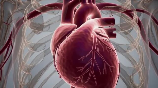 This animation displays the structure of the heart, coronary arteries, and major blood vessels, as well as their positioning within the chest cavity, using a transparent view.