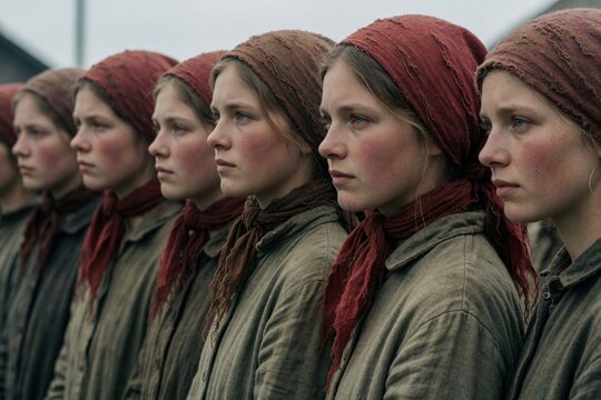 Group of young female inmates wear red headscarves, dirty clothes in Soviet Gulag camp. Women stand in line during 1940s forced labor. Historical scene shows prisoners facing hardship, suffering,