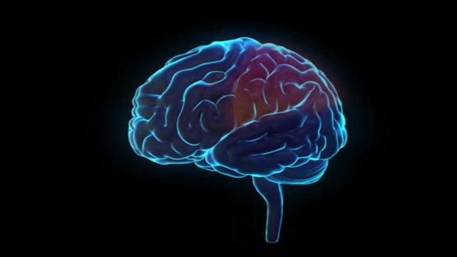 The animation shows the transparent brain rotating, alternately highlighting various key structures&mdash;such as the cerebral lobes, cerebellum, and brainstem&mdash;using multicolored lighting.