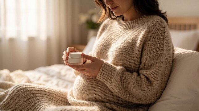 Pregnant woman sits on bed holding cream jar for belly care. Expecting mother enjoys quiet moment in cozy room, pampering skin during maternity leave, anticipating new life.