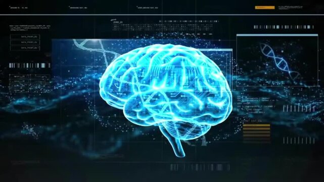 The brain rotates slowly and dynamically, surrounded by data visualizations, DNA strand structures, glowing particles, and neural network circuitry.