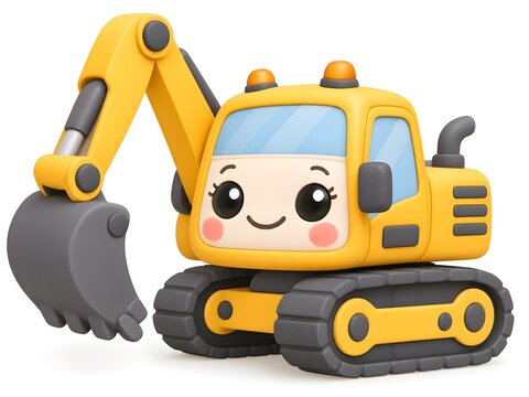 Cute Yellow Excavator Cartoon Character with Happy Face, 3D Render Construction Vehicle for Kids