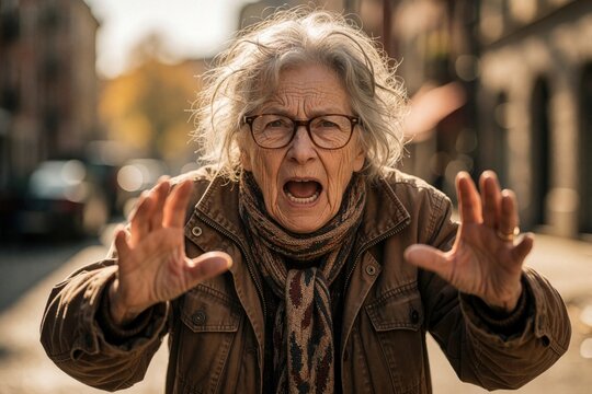 Angry elderly woman with glasses shouts on city street, hands raised defensively. Her face shows distress and strong emotion, conveying her displeasure and irritation.