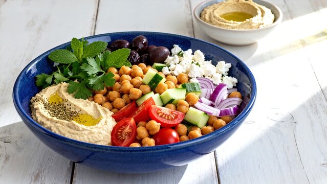 Mediterranean chickpea bowl with feta, olives and za'atar in blue ceramic bowl
