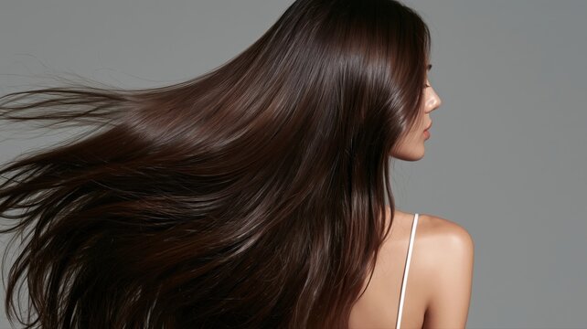 風になびくロングヘアの女性の横顔。ヘアケアや美容関連の広告や記事に最適なイメージ素材