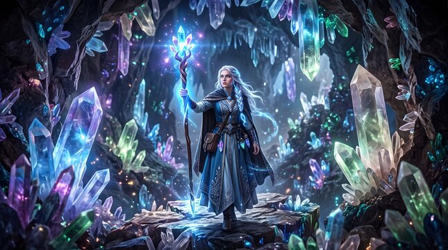 Female wizard holding a bright glowing crystal staff, exploring a dark underground cavern filled with colorful luminescent quartz crystals.