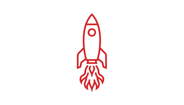 Simple red line art illustration of a rocket ship launching into space represents business startup, technology innovation, and success.