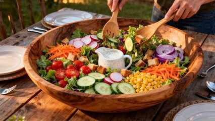 Obraz premium 3.Large family-size garden salad in wooden bowl on farmhouse dining table with place settings