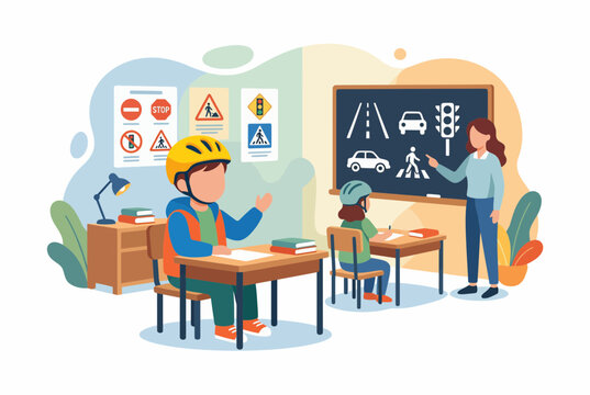 Road Traffic Safety Education in Classroom with Teacher and Students