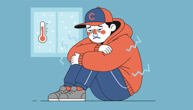 Shivering boy sitting down and hugging his knees in cold winter weather with a freezing thermometer visible outside the window.
