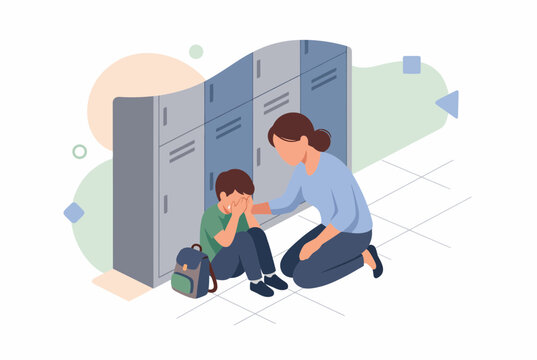 Teacher Comforting Sad Student in School Hallway Vector Illustration