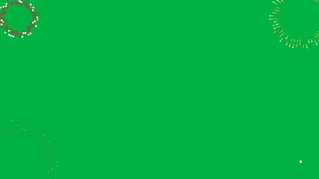 Small staggered firework bursts decorate four corners while leaving the middle clear. 4K UHD animation on solid chroma green with a 12 second loop at 30 fps. No audio.
